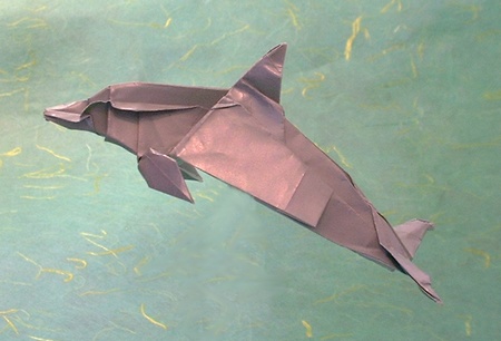 Origami Dolphin by Roberto Muro. Folded from a square of metallic origami paper by Gilad Aharoni on giladorigami.com