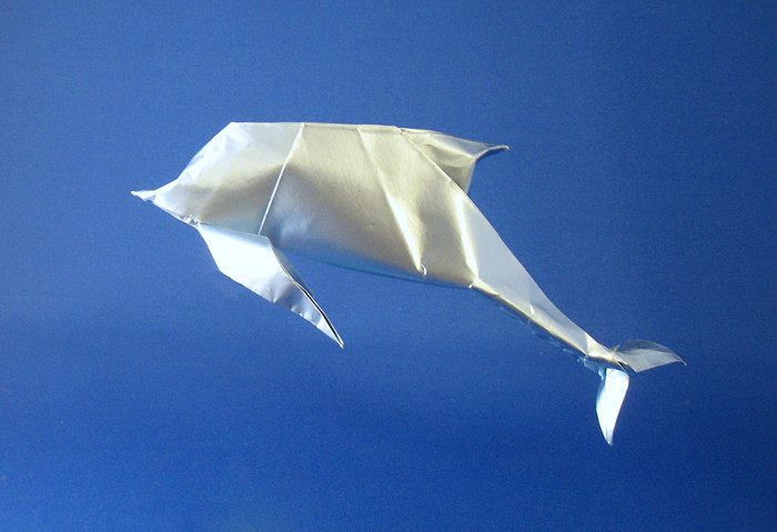Origami Dolphin by Stephan Weber. Folded from a square of metallic origami paper by Gilad Aharoni on giladorigami.com