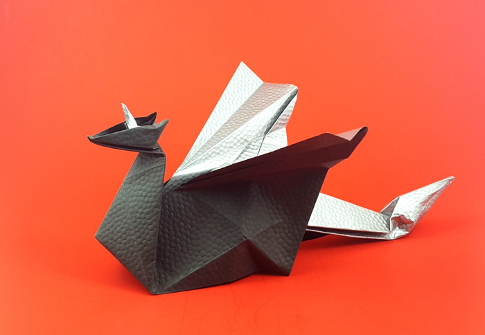 Origami Sant Jordi dragon by Oriol Esteve. Folded from a square of scrapbooking paper by Gilad Aharoni on giladorigami.com