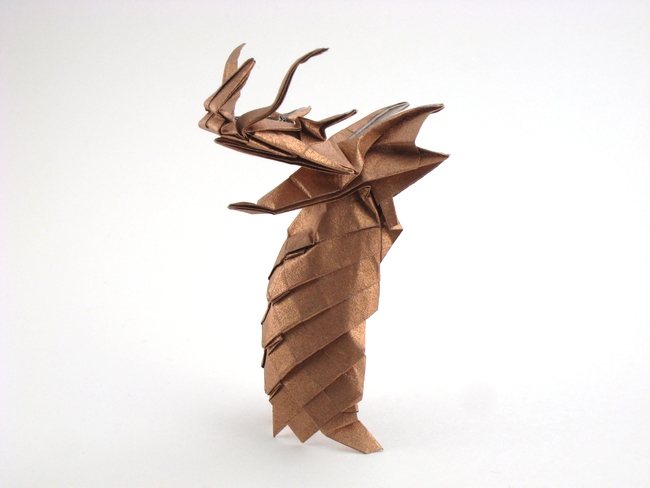 Origami Dragon head by Fumiaki Kawahata. Folded from a $ bill proportioned rectangle of Nicolas Terry's tissue-foil by Gilad Aharoni on giladorigami.com