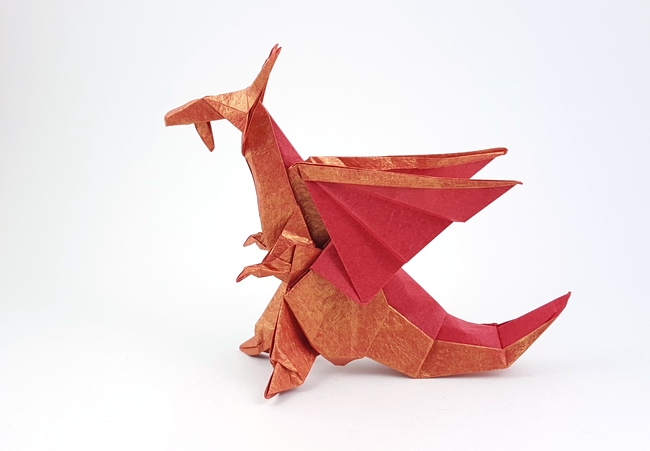 Origami Dragon by Hojyo Takashi. Folded from a square of Vietnamese wrapping paper by Gilad Aharoni on giladorigami.com