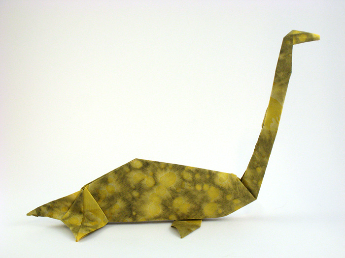 Origami Elasmosaurus by John Montroll. Folded from a square of tie-dyed paper by Gilad Aharoni on giladorigami.com