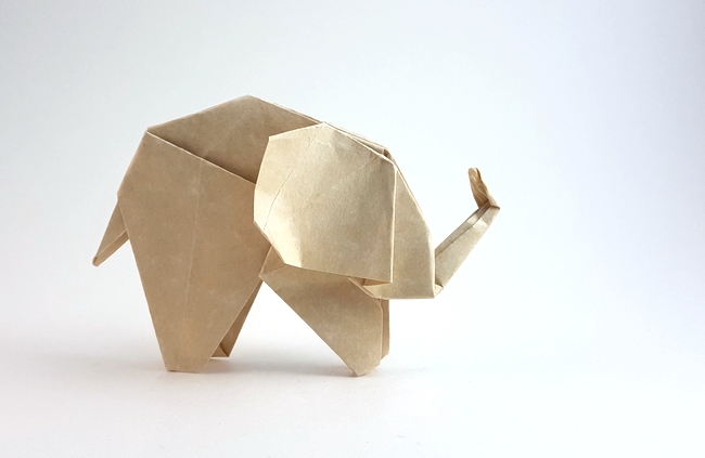 Origami Elephant by Edwin Corrie. Folded from a square of parchment typing paper by Gilad Aharoni on giladorigami.com