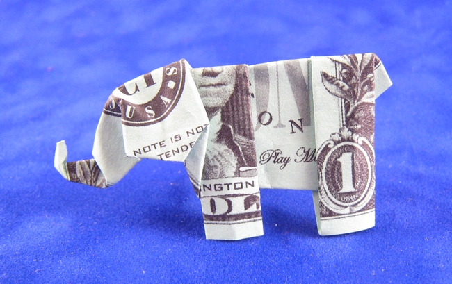 Origami Elephant by Neal Elias. Folded from a US dollar bill by Gilad Aharoni on giladorigami.com