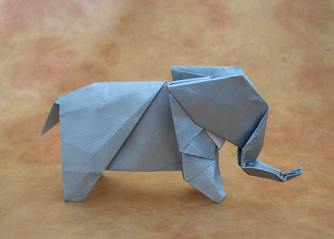 Origami Elephant by Seiji Nishikawa. Folded from a square of Gun Metal Pearlescent Swirl paper by Gilad Aharoni on giladorigami.com