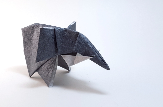 Origami Elephant by Miyajima Noboru. Folded from a square of Crinkle Charcoal scrapbooking paper by Gilad Aharoni on giladorigami.com