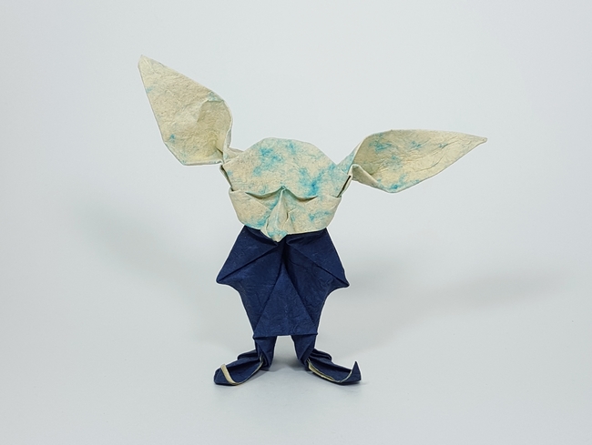 Origami Elf by Paul Frasco. Wet folded from a square of Crinkle Blue scrapbooking paper by Gilad Aharoni on giladorigami.com