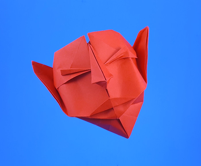 Origami Faun mask by Joao Charrua. Folded from a rectangle of copy paper by Gilad Aharoni on giladorigami.com