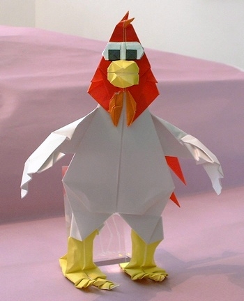 Origami Foghorn Leghorn by Carlos Gonzalez Santamaria (Halle). Folded from 10 squares of origami paper by Gilad Aharoni on giladorigami.com