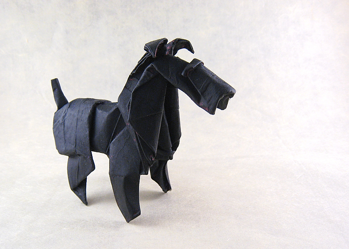Origami Fox terrier by Roman Diaz. Wet-folded from a square of double-sided mulberry paper (painted) by Gilad Aharoni on giladorigami.com
