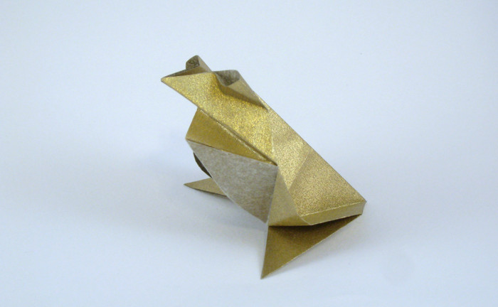 Origami Frog by Kunihiko Kasahara. Folded from a square of Nicolas Terry's tissue-foil by Gilad Aharoni on giladorigami.com