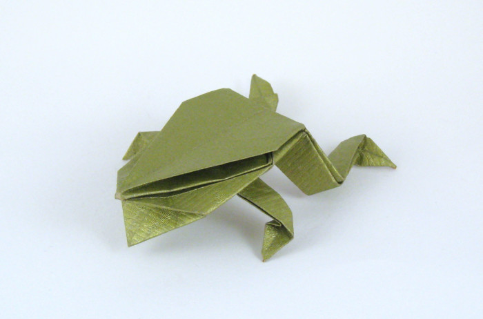 Origami Toad - silver by Jun Maekawa. Folded from a rectangle of scrapbooking paper by Gilad Aharoni on giladorigami.com