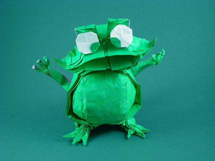 Origami Frog - cartoon by Nicolas Terry. Folded from a square of Kathy Stevick's tissue-foil by Gilad Aharoni on giladorigami.com