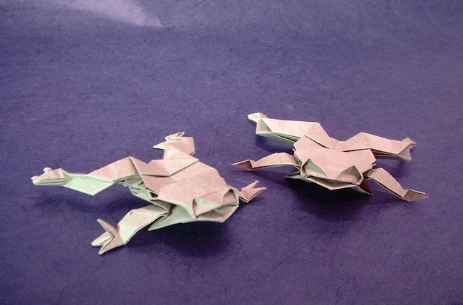 Origami Frog by John Montroll. Each folded from a square of Vietnamese wrapping-paper by Gilad Aharoni on giladorigami.com