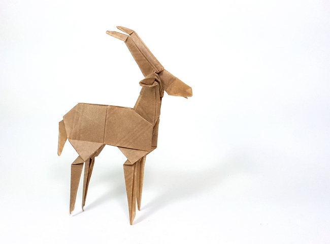 Origami Gazelle by Robert J. Lang. Folded from a square of thin brown paper by Gilad Aharoni on giladorigami.com
