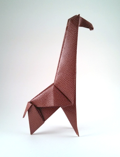 Origami Giraffe by Fumiaki Kawahata. Folded from a square of basketball-pattern paper by Gilad Aharoni on giladorigami.com