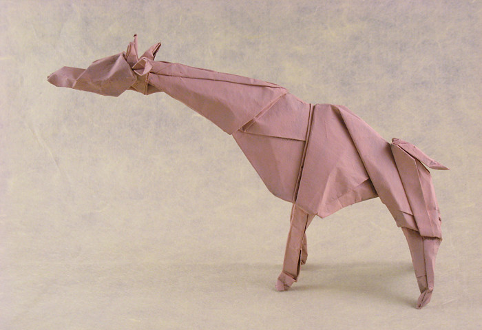 Origami Giraffe 2.1 by Ronald Koh. Folded from a square of Trimaco masking paper by Gilad Aharoni on giladorigami.com