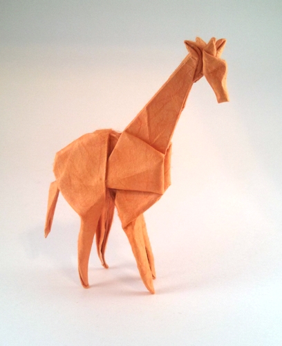 Origami Giraffe by John Montroll. Wet-folded from a square of double-sided mulberry paper by Gilad Aharoni on giladorigami.com