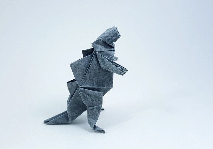 Origami Godzilla by Jun Maekawa. Folded from an A4 rectangle of scrapbooking paper by Gilad Aharoni on giladorigami.com