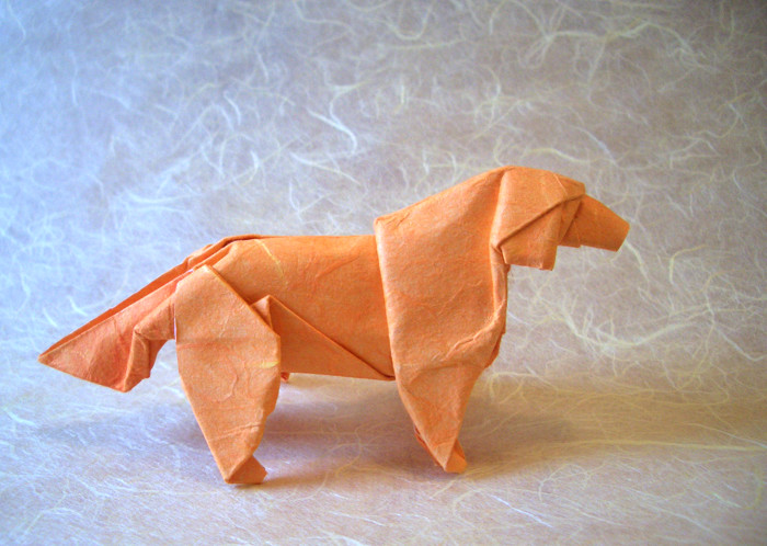 Origami Golden retriever by Satoshi Kamiya. Wet-folded from a square of double-sided mulberry paper by Gilad Aharoni on giladorigami.com