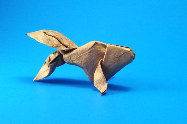 Origami Goldfish by Akira Yoshizawa. Wet-folded from a square of India Gold scrapbooking paper by Gilad Aharoni on giladorigami.com