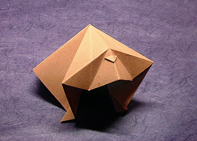 Origami Gorilla by Kunihiko Kasahara. Folded from a square of tobacco leaf paper by Gilad Aharoni on giladorigami.com
