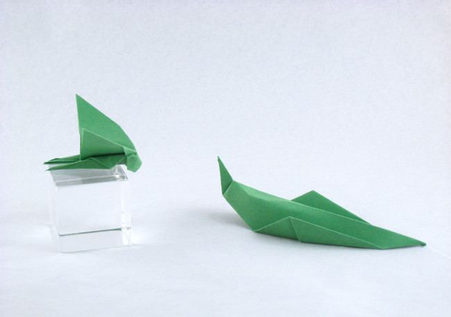 Origami Grasshopper (2 variations) by Akira Yoshizawa. Each folded from a square of origami paper by Gilad Aharoni on giladorigami.com