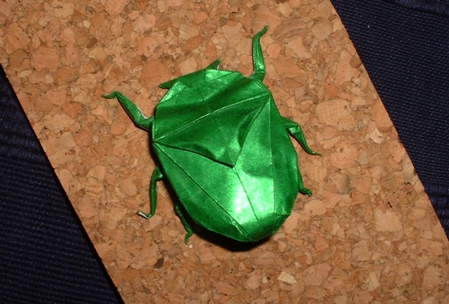 Origami Green bug by Lionel Albertino. Folded from a square of tissue+Japanese foil by Gilad Aharoni on giladorigami.com