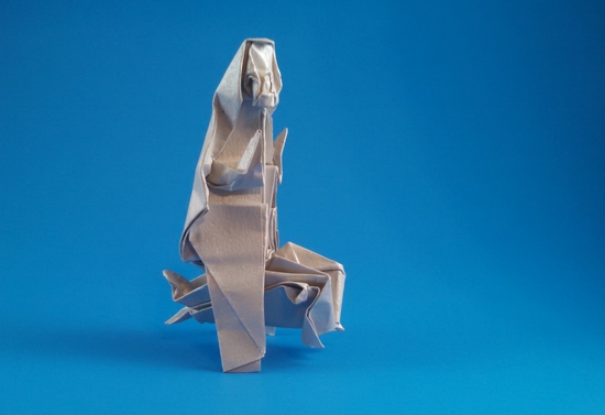 Origami Gyoran Kannon - riding a fish by Kawai Toyoaki. Folded from a square of scrapbooking paper by Gilad Aharoni on giladorigami.com