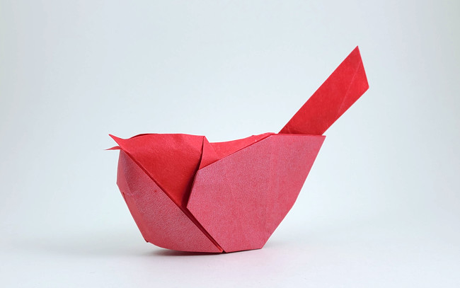 Origami Little bird by Gen Hagiwara. Folded from a square of Nicolas Terry's tissue foil by Gilad Aharoni on giladorigami.com