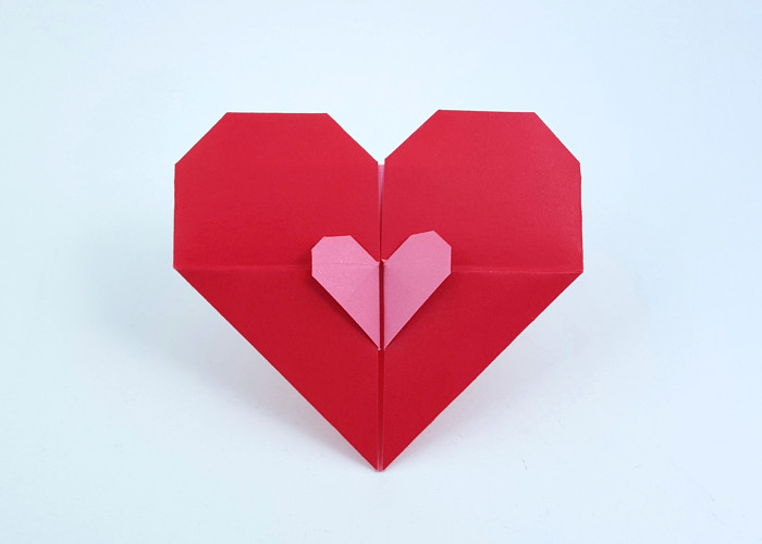 Origami Heart on heart by Francis Ow. Folded from a rectangle of duo origami paper by Gilad Aharoni on giladorigami.com