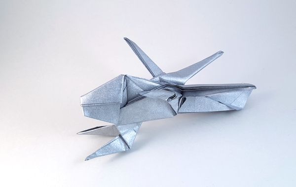 Origami Helicopter by Miyajima Noboru. Folded from a square of Nicolas Terry's tissue-foil by Gilad Aharoni on giladorigami.com