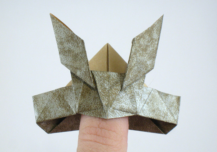 Origami Samurai helmet by Jun Maekawa. Folded from a rectangle of scrapbooking paper by Gilad Aharoni on giladorigami.com