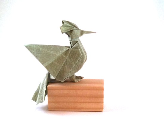 Origami Hoopoe by John Montroll. Folded from a square of Vietnamese wrapping-paper by Gilad Aharoni on giladorigami.com