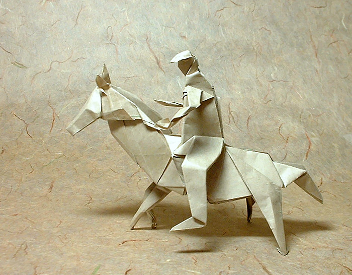 Origami Horseman by David Brill. Folded from a rectangle of thin brown wrapping paper by Gilad Aharoni on giladorigami.com