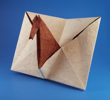 Origami Horse card pop-up by Sy Chen. Folded from a square of Tea Stained Leather scrapbooking paper by Gilad Aharoni on giladorigami.com