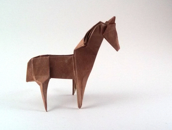 Origami Horse by John Montroll. Folded from a $-proportioned rectangle of Lokta by Gilad Aharoni on giladorigami.com