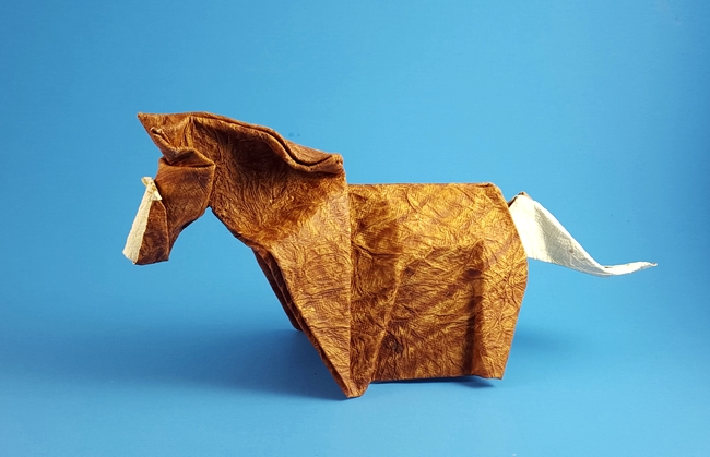 Origami Horse 3 by Gen Hagiwara. Wet-folded from a square of scrapbooking paper by Gilad Aharoni on giladorigami.com