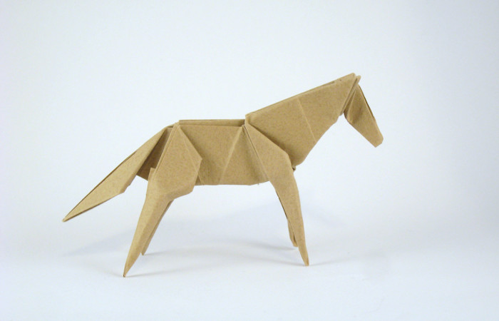 Origami Horse by Jun Maekawa. Folded from a rectangle of Trimaco masking paper by Gilad Aharoni on giladorigami.com