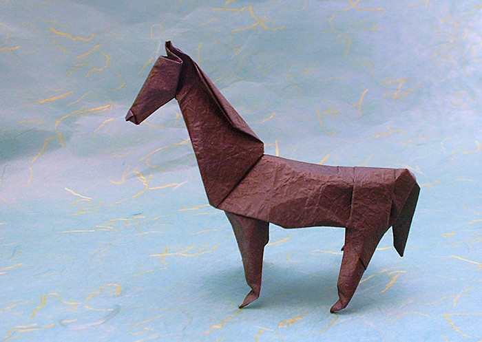 Origami Horse by John Montroll. Folded from a square of Vietnamese wrapping-paper by Gilad Aharoni on giladorigami.com