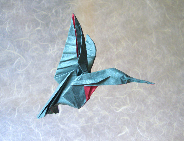 Origami Hummingbird by Michael G. LaFosse. Wet-folded from a square of Origamido Hummingbird paper by Gilad Aharoni on giladorigami.com