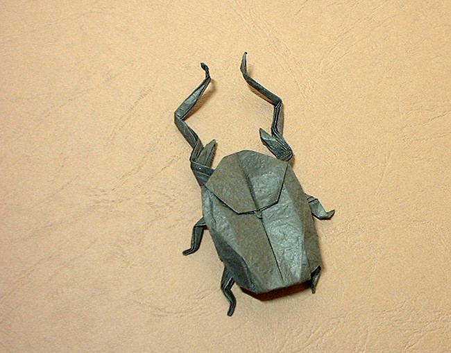 Origami Jambar giant scarab by Fumiaki Kawahata. Folded from a square of Vietnamese wrapping-paper by Gilad Aharoni on giladorigami.com