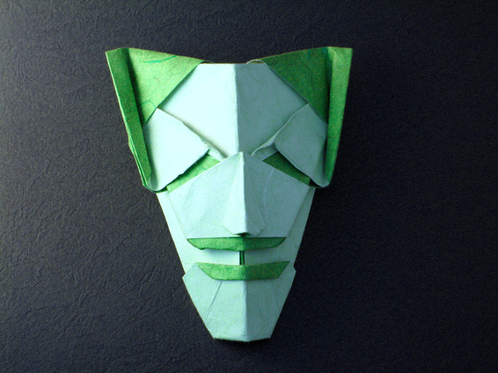 Origami Joker by Gabriel Alvarez Casanovas. Wet-folded from a square of double-sided mulberry paper by Gilad Aharoni on giladorigami.com
