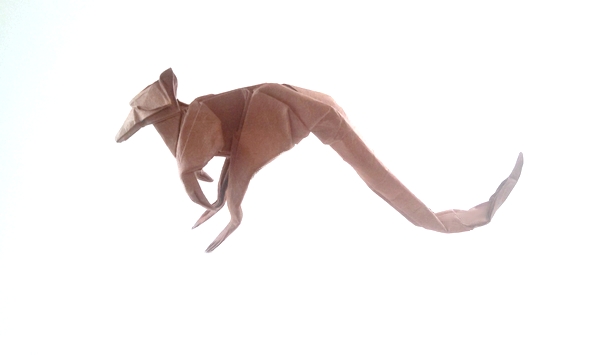Origami Kangaroo by Leonardo Pulido Martinez. Folded from a square of Lokta by Gilad Aharoni on giladorigami.com