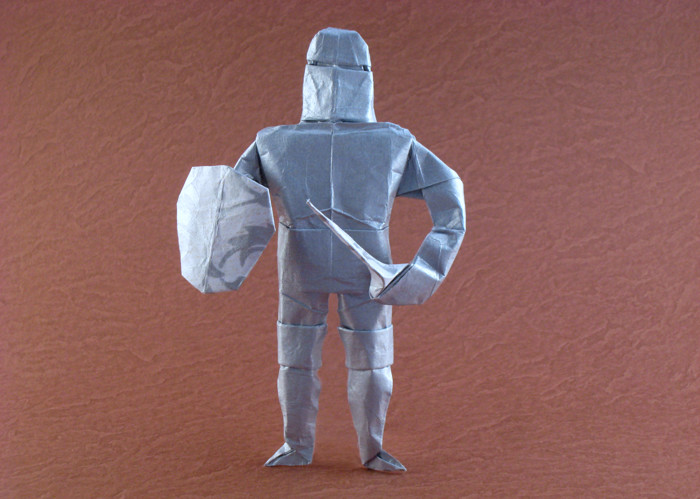 Origami Knight by Fernando Gilgado Gomez. Folded from a square of Kathy Stevick's tissue-foil by Gilad Aharoni on giladorigami.com