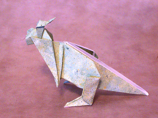 Origami Lambeosaurus by Yamada Katsuhisa. Folded from a square of scrapbooking paper by Gilad Aharoni on giladorigami.com