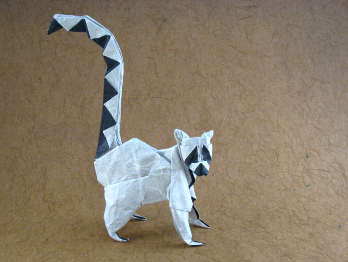 Origami Lemur - ring-tailed by Roman Diaz. Wet-folded from a square of double-sided Unryu paper by Gilad Aharoni on giladorigami.com