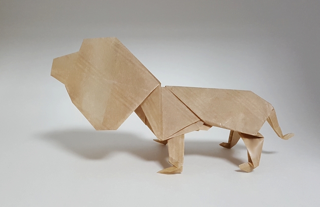 Origami Lion by Neal Elias. Folded from a square of thin brown paper by Gilad Aharoni on giladorigami.com