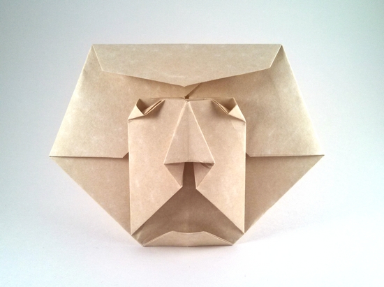 Origami Lion head by Michel Grand. Folded from a rectangle of parchment printer-paper by Gilad Aharoni on giladorigami.com