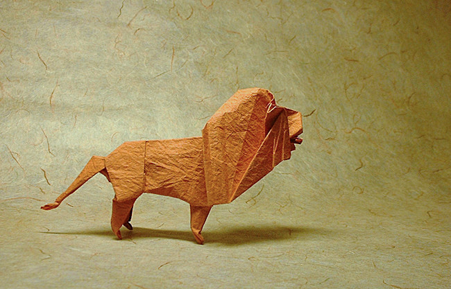 Origami Lion by John Montroll. Folded from a square of rice paper by Gilad Aharoni on giladorigami.com